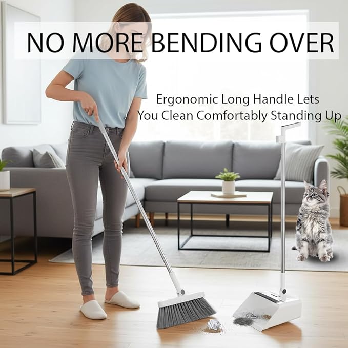 Upgrade Broom with Dustpan Combo SetLong Handle Self-Cleaning Dust Pan and Brush Set 4-Row Dense BristlesIndoor Broom Set (White)