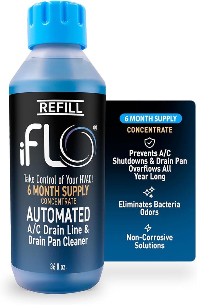 iFLO® Smart A/C Drain Line Cleaner and Drain Pan Cleaner Cartridge Concentrate Fast-Acting Long-Lasting HVAC System Solution for Tough Clogs &amp Buildup 6-Month Supply per Bottle 1 Pack of 36oz