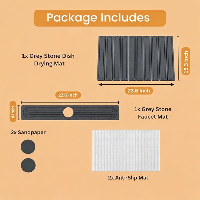 2-In-1 Stone Dish Drying Mat Set For Kitchen Counter/Large Bath Mat.Diatomite Mat Set Includes:1-Large Drying Mat (23.6Lx15.3W)&amp1-Faucet Mat (23.6Lx4W) PLEASE MAKE SURE TO MEASURE BEFORE PURCH