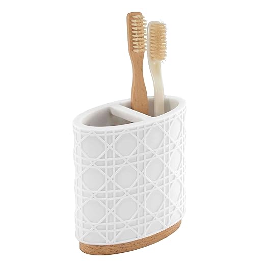 Nicole Miller - Toothbrush Holder Durable Resin Countertop Accessories with Faux-Wood Base Modern Bathroom Decor Dorm Room Essentials (Lena Collection White)
