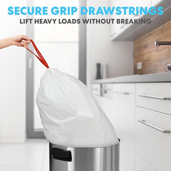 Simpli-Magic 17 Gallon Drawstring Trash Bags Code C 120 Pack – Tall Kitchen Garbage Bags Custom Made with Premium Materials (White)