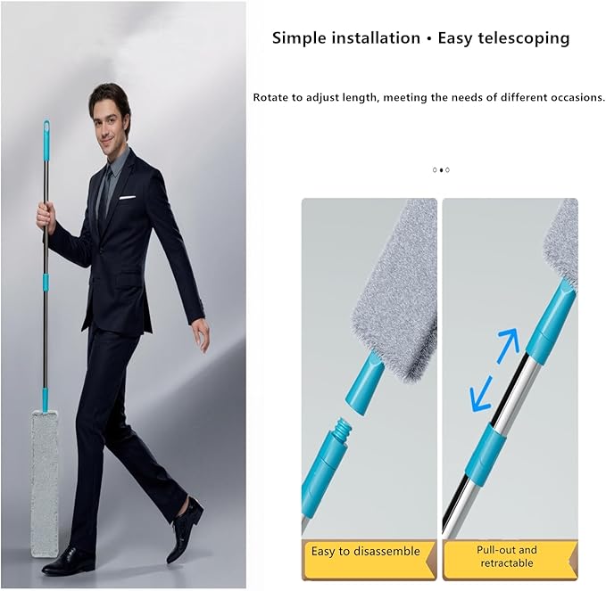 2026 Upgraded Retractable Gap Dust Cleaner Flat Duster with Extension Pole (60in) Gap Mop for Under Appliances Under Fridge Cleaning Tool with 4 Microfiber Duster Cloths