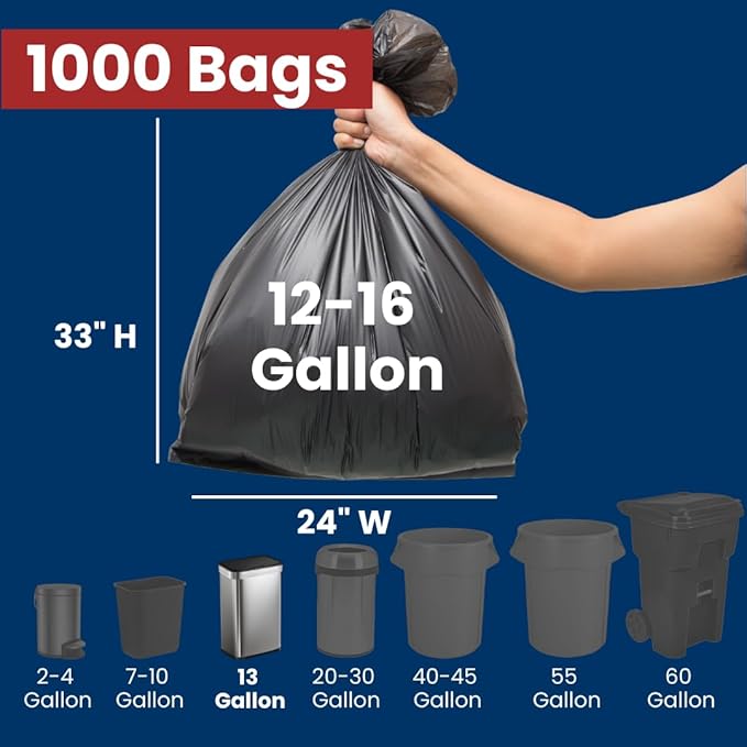 12-16 Gal Trash Bags | 1000 Count | 24 X 33 Black Medium Garbage Bags for Home and Office