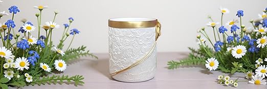 Decorative Trash Can Elegant Resin Carved Waste Basket 8x10 Trash Bin Decor Garbage Can for Office BathroomBedroomLivingroom 8L/2.2Gallon(Gold&ampWhite)