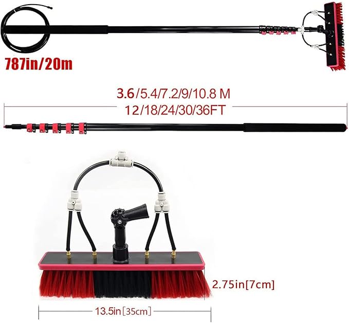 Window Cleaning Pole Water Fed Telescopic Window Cleaning Brush Extendable Cleaner Roof Cleaning Tools Window Cleaner Kit for Photovoltaic Panel Trucks Bus Cars18ft/5.4m-35cmBrushhead