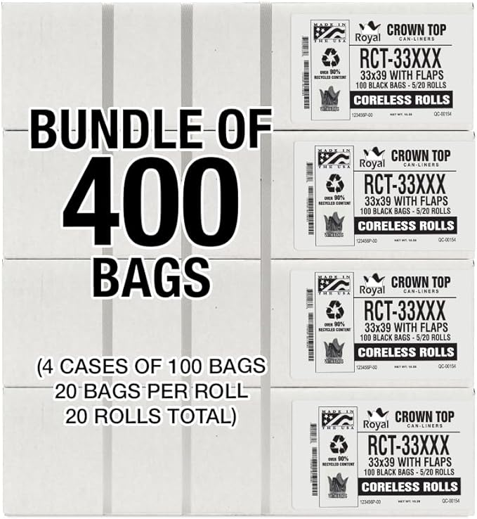 Heavy Duty 33 Gallon Trash Bags (Huge 400 Ct. /w Flap Ties) - 2 MIL equiv. Thick Gauge Large Black Plastic Garbage Liners for Kitchen Home. Outdoor Lawn Yard Contractors Brute/Rubbermaid cans