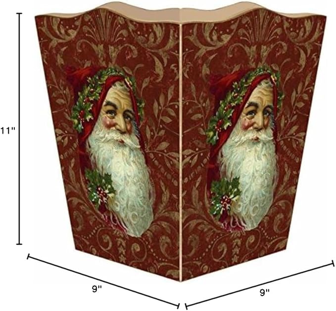 Marye-Kelley Santa Face on Red Damask Wastepaper Basket Wastebasket Decoupage Wood Decorative Wastebasket for Kitchen Bathroom Bedroom Living Room Handmade Made in The USA