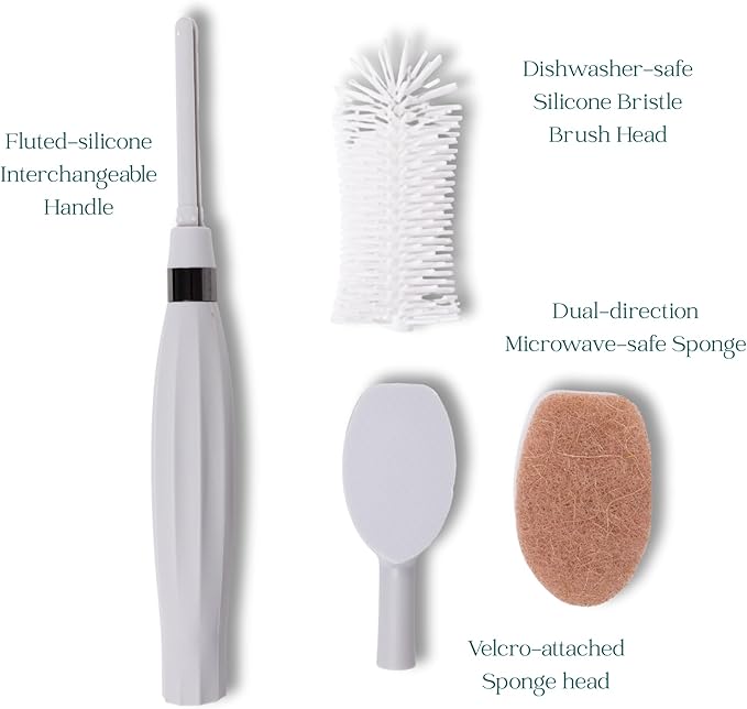Spristle Wand Starter Set by Winnie &amp Lu – Premium Dish Wand &amp Bottle Washer Set Interchangeable Sponge Silicone Bristle Head Eco-Friendly Cleaning (Black &amp Stone)