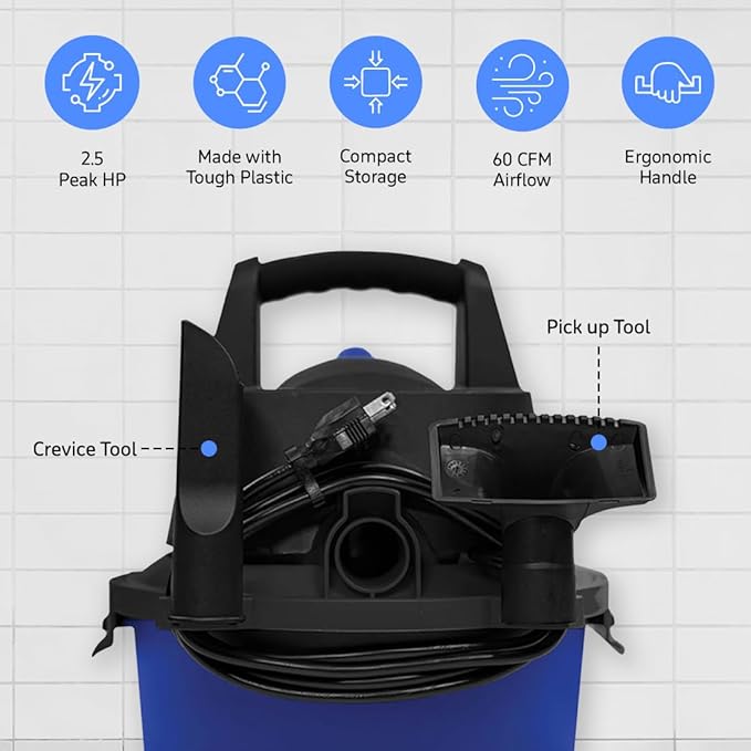 Koblenz WD-2.5L Portable Wet Dry Vacuum 2.5-Gallon 2.5 PHP Suction Plus Blower Vacuum Cleaner for Liquids Dust Pet Hairs 10’ Reach For Car Cleaning Wall-Mount Support Parts Included Blue/Black