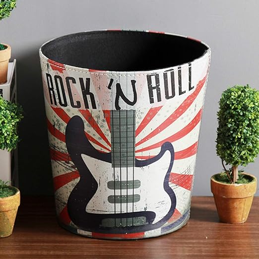 10L/2.64 Gallon Trash Can Decorative Waste Basket PU Leather Waste Paper Basket Waterproof Garbage Can for Bathroom Bedroom Office Kitchen and Living Room - Rock Guitar