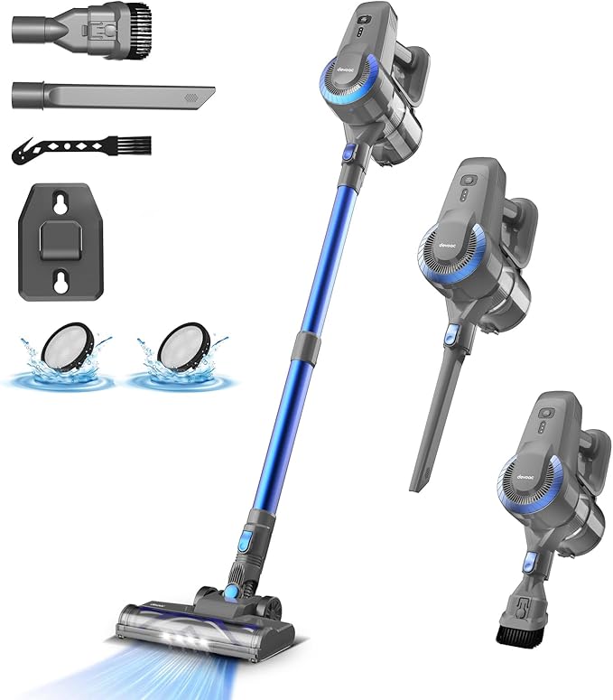 DEVOAC N300 Cordless Vacuum Cleaner 6 in 1 Lightweight Stick Vacuum 2200mAh Battery Up to 40mins Runtime Powerful Handheld Vacuum for Hard Floor Rug Pet Hair Home Dorm (Blue)