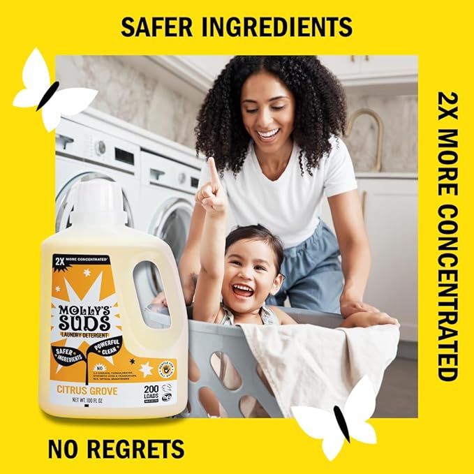Molly's Suds Liquid Laundry Detergent | Clean Laundry Detergent Soap for Sensitive Skin | 2x Concentrated High Efficiency (HE) | Citrus Grove - 100 Loads