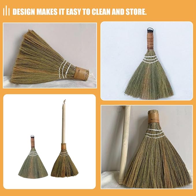 Homoyoyo Handmade Soft Broom Set 2pcs with Detachable Long Handle Small and Large Natural Straw Floor and Desktop Dust Brush for Household Cleaning