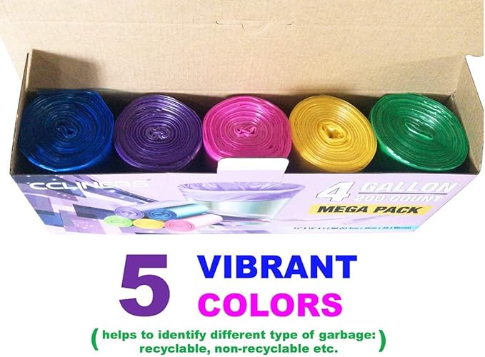4 Gallon Trash Bag CCLINERS Small Garbage Bags Color Bathroom Trash Bags Office Can Liners for Home Kitchen (200 Count 5 Colors)
