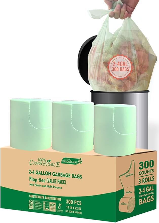 3 Gallon Flap Tie Compostable Trash Bags 300 Count Small Compost Bags Biodegradable Kitchen Garbage Bags Food Scrap Waste Bags for Countertop Bin ASTM D6400 US BPI Certified