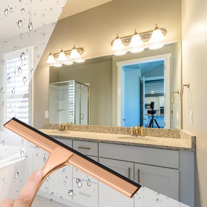 OPERNEE Shower Squeegee with Self Adhesive Hook 14 Inches Stainless Steel Squeegee Cleaner All-Purpose Window Scraper for Bathroom Doors Mirror Windows and Car Glass Rose Gold