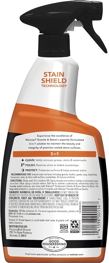 Weiman Granite and Stone Cleaner 3-in-1 Removes Grease Stains &amp Watermarks Streak-Free Formula with Stain Shield Technology Safe on Marble Quartz Tile Granite Quartzite &amp Slate
