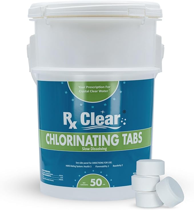 Rx Clear 1 Inch Chlorine Tabs | 50 Pounds | Use Tablets as Bactericide Algaecide &amp Disinfectant in Swimming Pools | Stabilized Long Lasting Slow Dissolving &amp UV Protected