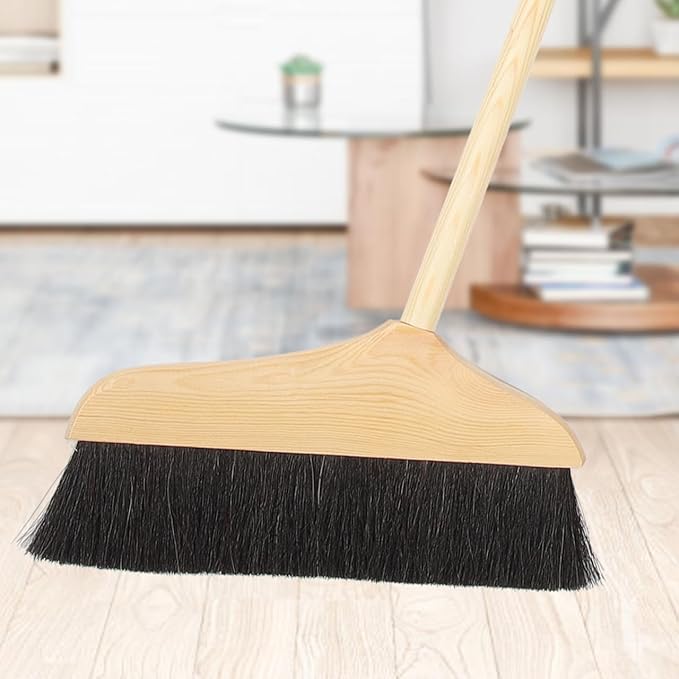 Mikikit Horsehair Broom with Long Handle Soft Pine Bristles Anti-Static Home Broom for Hardwood Floors Carpets Indoor Cleaning