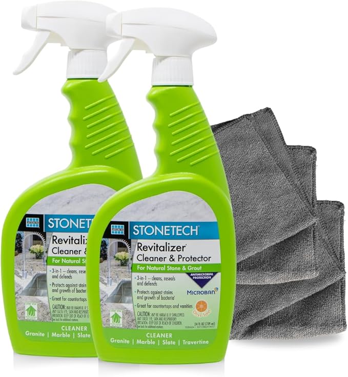 StoneTech Revitalizer Cleaner and Protector | Natural Stone Cleaner | Marble Quartz Granite Countertop Cleaner | 3-in-1 Cleans and Reseals | 2-Pack 24 oz Spray + Microfibers Citrus Scent