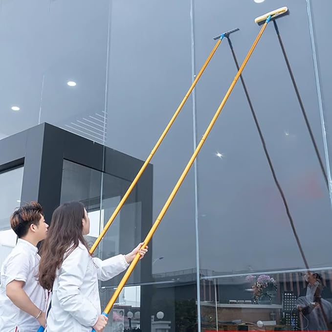 Telescopic Outdoor Window Glass Wiper One Pole Double Head with Rubber Scraper and Sponge Mop Titanium Alloy Long Handle Solar Panel CleaningPole Length 7.5m