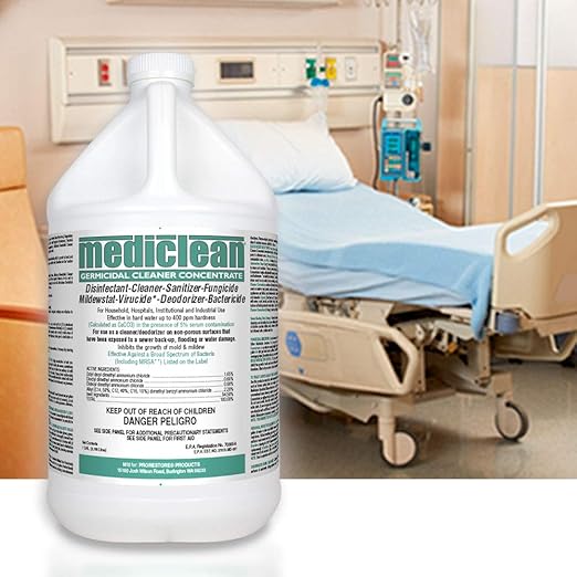Mediclean Germicidal Cleaner Concentrate Disinfectant Sanitizer Deodorizer Fungicide Mildewstat Virucide Lemon Scent Hospitals Industrial Household Inhibits Mold and Mildew (4 Gallons)