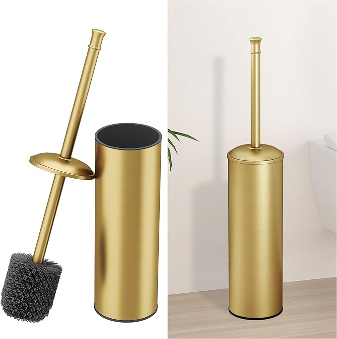 BESy Toilet Brush and Holder Toilet Cleaner Bowl Set with Two Brush with Extra Long Handle Durable Bristles Toilet Scrubber and Covered Holder Drip-Proof Stainless Steel Brushed Gold