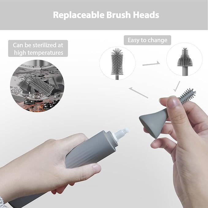 Electric Baby Bottle Brush Set with Rechargeable Electric Bottle Brush Cleaner and Replaceable Silicone Bottle Brushes and Straw Brush Cleaner Waterproof Multi-Purpose Cleaning Brush（Grey）