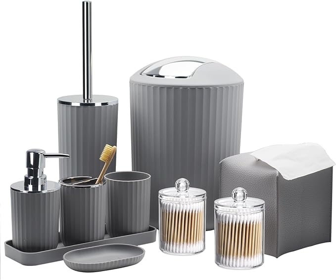 Bathroom Accessory Set - 10 Piece Grey Bathroom Accessories Set with Trash Can Toothbrush Holder and Cup Soap Dispenser Soap Dish Toilet Brush Holder Vanity Tray Qtip Holder Tissue Box Cover