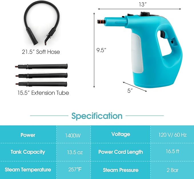 S AFSTAR Handheld Steam Cleaner 1400W Pressurized Steamer with 14-Piece Accessories &amp Child Lock Multipurpose Portable Steamshot Steam Mop for Cleaning Kitchen Floor Sofas Car Windows (Blue)
