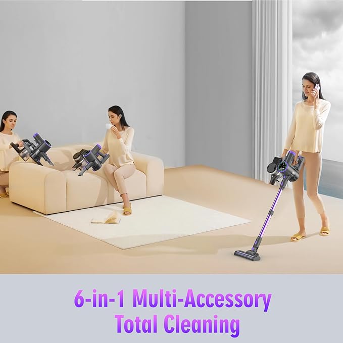 Cordless Vacuum Cleaner for Home 250W 20KPA Stick Vacuum with 40Min Runtime Detachable Battery 6 in 1 Lightweight Cordless Vacuum Cleaner with LED Display for Hardwood Floors Carpet Pet Hair Car