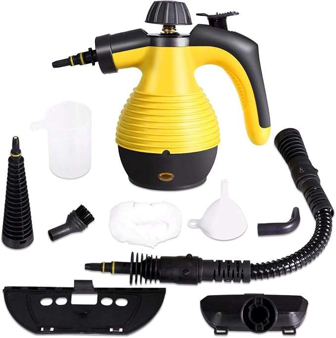 Goplus Handheld Pressurized Steam Cleaner with 9 Piece Accessories Multipurpose Steamer w/Safety Lock for Carpet Curtain Car Seat 1050W Portable Upholstery Steamer for Home Kitchen Bathroom(Yellow)