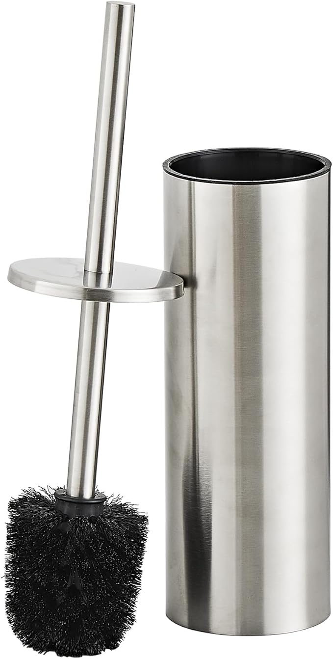 Brushed Nickel Toilet Brush and Holder Set - Stainless Steel Toilet Bowl Scrubber with Replaceable Head &amp Splash Guard