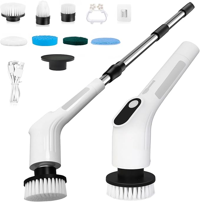 LICHIFIT Electric Spin Scrubber Waterproof Cordless Shower Cleaning Brush with Replaceable Brush Heads and Adjustable Extension Handle 2 Speeds for Bathtub Kitchen Wall Cleaning