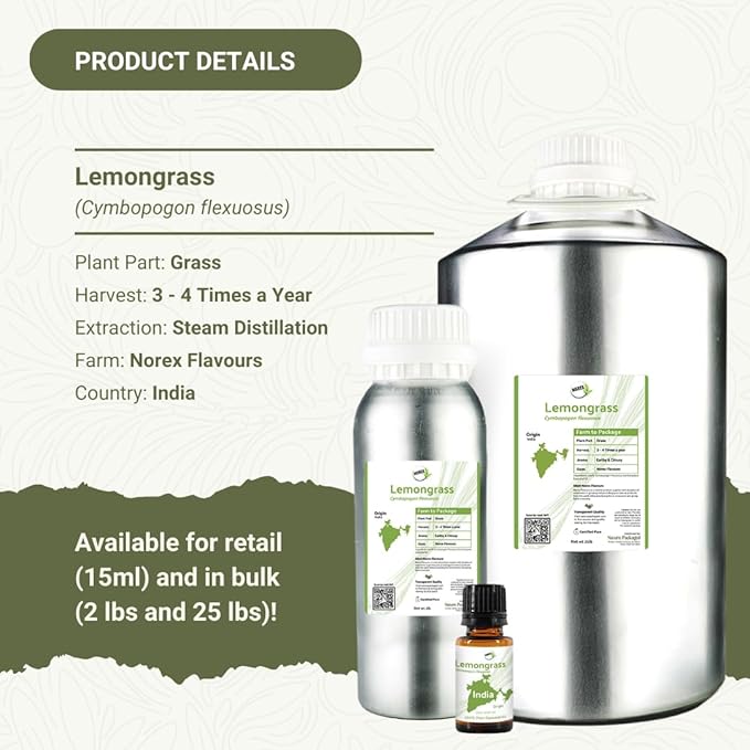 Lemongrass Essential Oil - Natural Aceite de Hierba Limón from Norex Flavours India - Lemongrass Essential Oils for Hair Aromatherapy and Massage (2lbs)