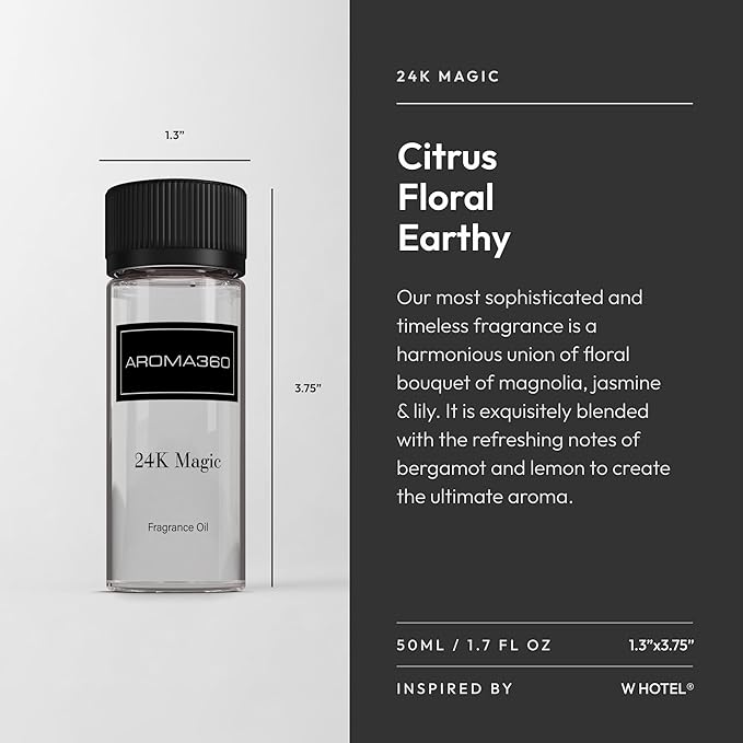 Aroma360-24K Magic Fragrance Oil Blend 50ML | Hotel Inspired Luxury Essential Oil Diffusers | Aromatherapy Scent Diffuser Oil | Citrus Beginning of Bergamot Lemon &amp Lemongrass with Notes of Jasmi