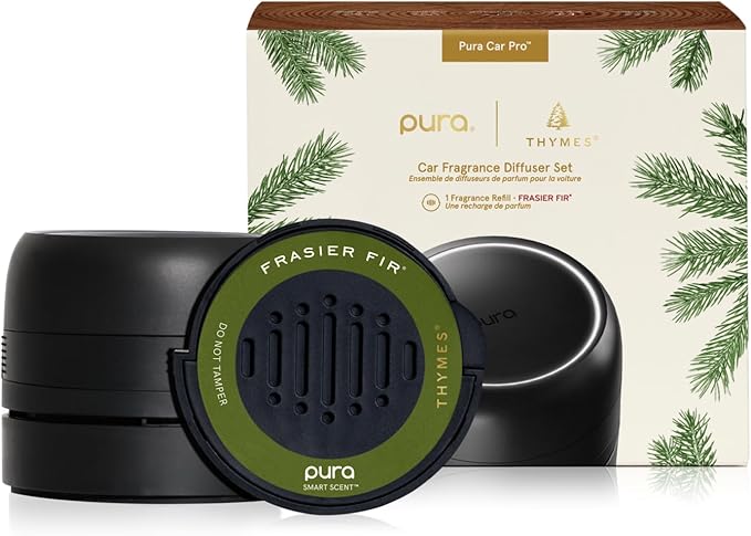 Thymes Frasier Fir Pura Car Diffuser – Pura Car Air Freshener with Refill – Frasier Fir Diffuser Refill with Notes of Crisp Siberian Fir Needles Cedarwood &amp Sandalwood