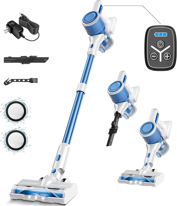 KIKETECH Cordless Vacuum Cleaner Stick Vacuum with 45Mins Runtime 8 in 1 Vacuum Cleaners1.8 L Dust Cup Rechargeable Vacuum Pet for Hair Carpet Hardfloor (Blue)
