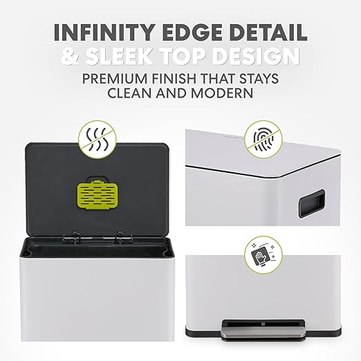 Simpli-Magic Infinity Edge 60 Liter / 16 Gallon Rectangular Hands-Free Extra Large Kitchen Step Trash Can Soft-Close Single Lid Recycling Bin Stainless Steel White 79680