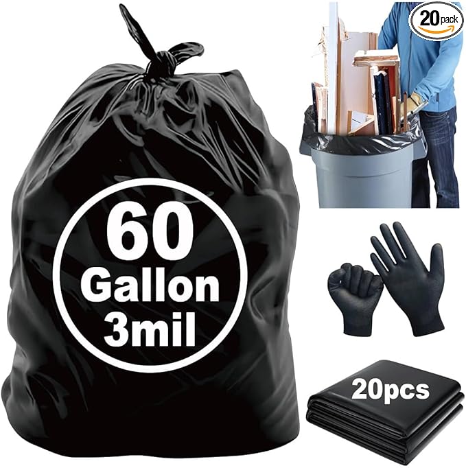 Heavy Duty 3 MIL Black Trash Bags 32x52 20-Pack with Gloves 50/55/60 Gallon Contractor Garbage Bags for Industrial Commercial Yard Cleanup &amp Construction (Extra Thick Tear Resistant)