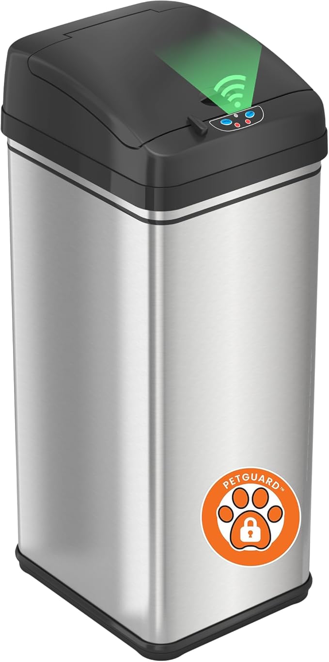 iTouchless 13 Gallon Dog Proof Trash Can with Odor Filter Motion Sensor Stainless Steel Kitchen Trashcan Garbage Bin for Home Office Bedroom Work Living Room Garage Large Capacity Slim Wastebasket