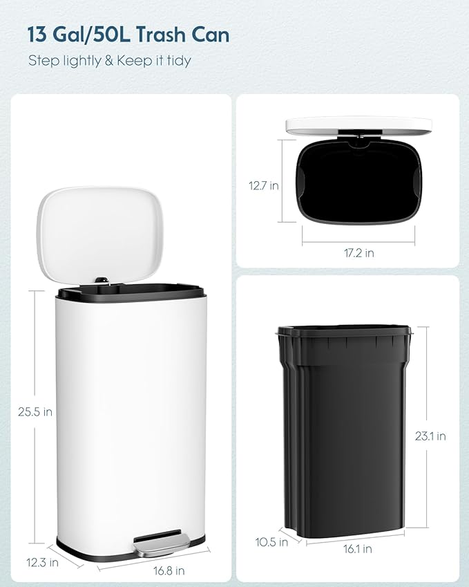 Arlopu13.2 Gallon Step Trash Can Stainless Steel Garbage Bin Soft-Close Rubbish Bin with Removable Plastic Inner Bucket Fingerprint-Proof Lid Dustbin Suit for Kitchen Home (White 50L)