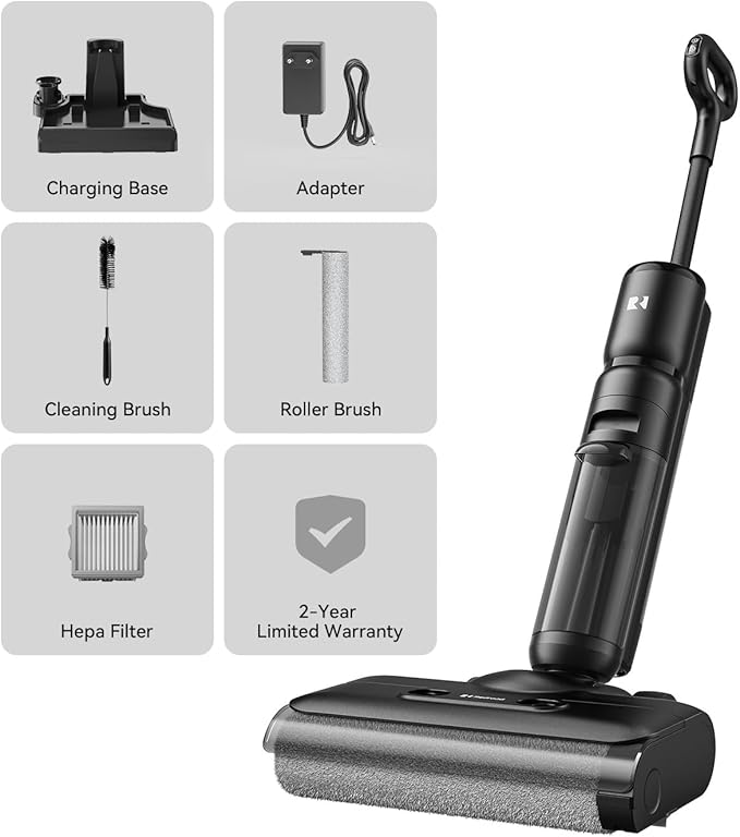 Redroad Wet Dry Vacuum Cleaner22KPa Wet Dry Vacuum Mop with Self-CleaningCordless Vacuum Mop All in OneUp to 75 Mins RuntimeOne-Step Self CleaningAnti-Tangle DesignSmoothDrive TechLightweight