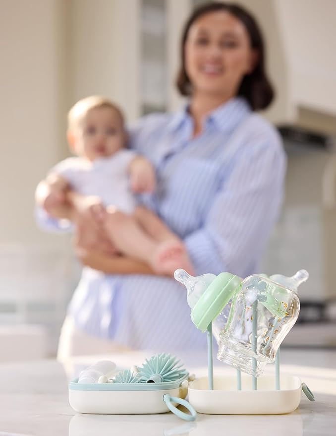 Momcozy Bottle Brush Set - Baby Bottle Cleaner Kit with Silicone Brush Nipple Brush Straw Brush Soap Dispenser Drying Rack - 7 in 1 Bottle Cleaning Tool for Home and Travel Green (Pack of 2)