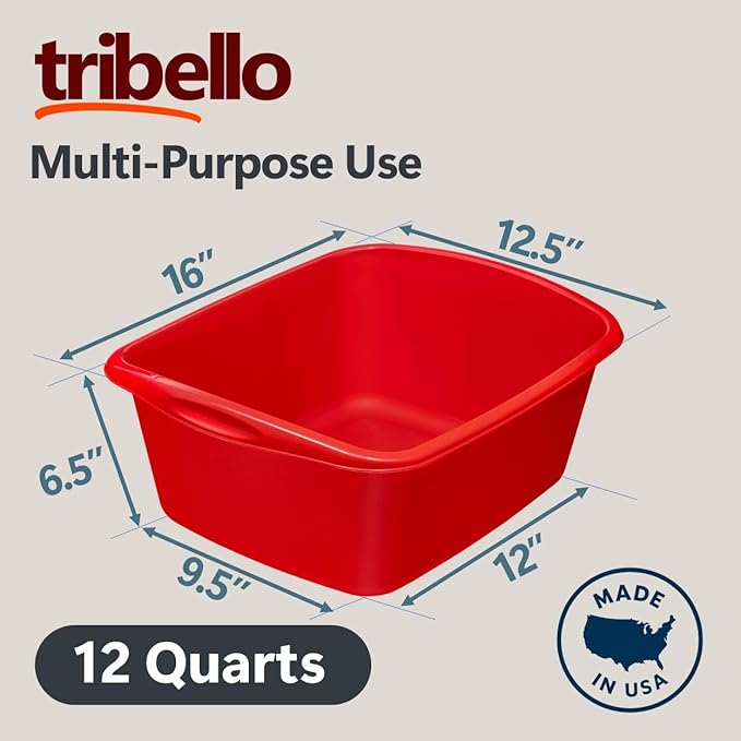 Tribello 2-Pack Dish Pans for Kitchen Sink Plastic Tub Dishpan Wash Basin and Foot Bath for Soaking Feet Wash Bucket for Washing and Storage Cleaning Supplies - 12 Quarts - Heavy Duty - (Red)