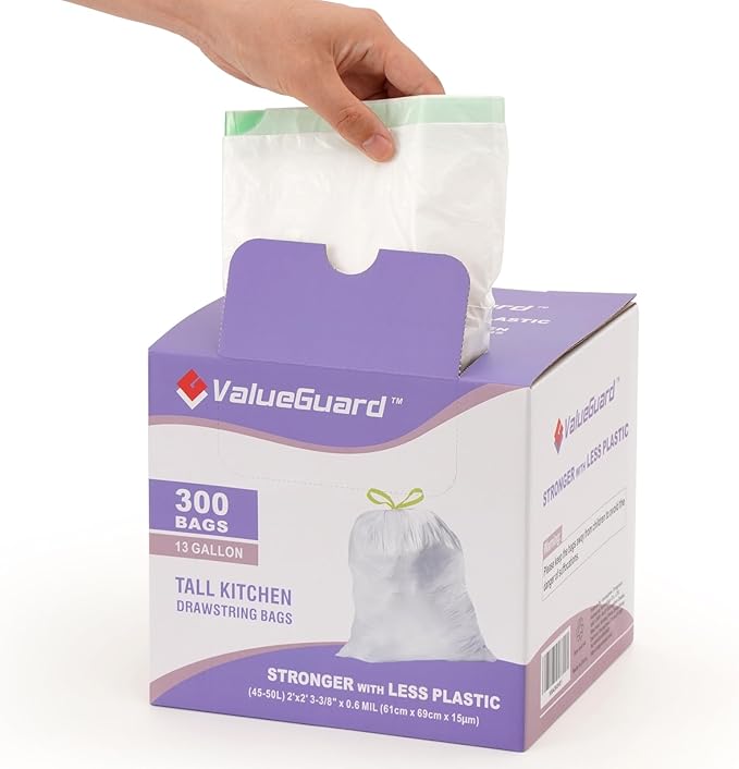 Trash Bags Garbage Bag 13 Gallon Drawstring Tall Waste Bag for Kitchen Office Party 0.6 Mil (300 Count)