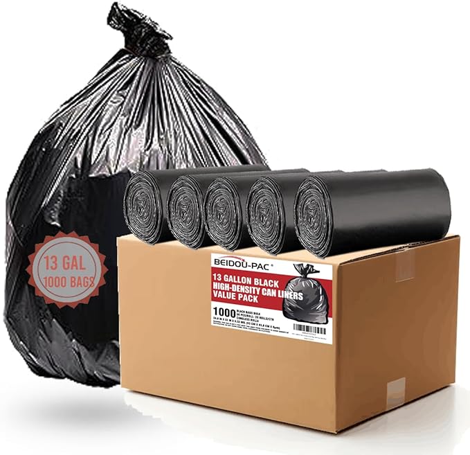 13 Gallon Trash Bags 1000 Count Bulk Value Pack Black Tall Kitchen Garbage bags Multi-purpose Trash Can Bin Liners for Bathroom Office Industrial Commercial Janitorial Municipal Recycling
