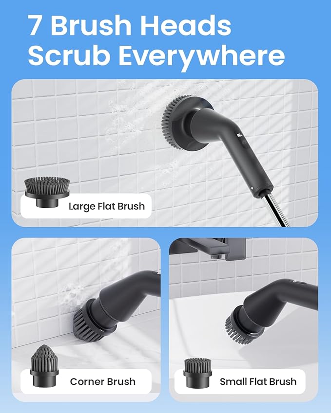 Leebein Electric Spin Scrubber Cordless Cleaning Brush for Bathroom Shower Tub IPX7 Waterproof Power Scrubber with 7 Brush Heads Extendable Long Handle and 2 Speeds Scrubber for Bathtub Floor
