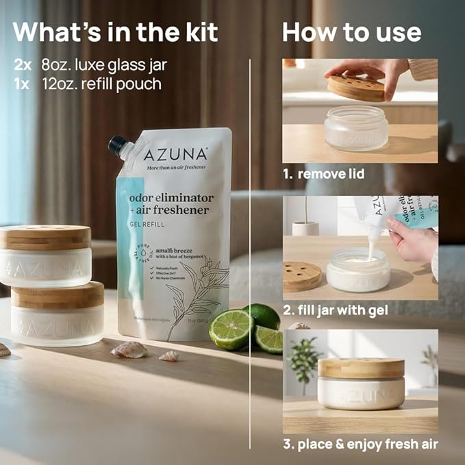 Azuna Air Freshener &amp Odor Eliminator for Strong Odor | 2 Room Kit Includes (2) 8 oz. Empty Luxe Glass Jars &amp 12 oz | Refill with Tea Tree Essential Oil Gel | Amalfi Breeze | Last 60-90 Days