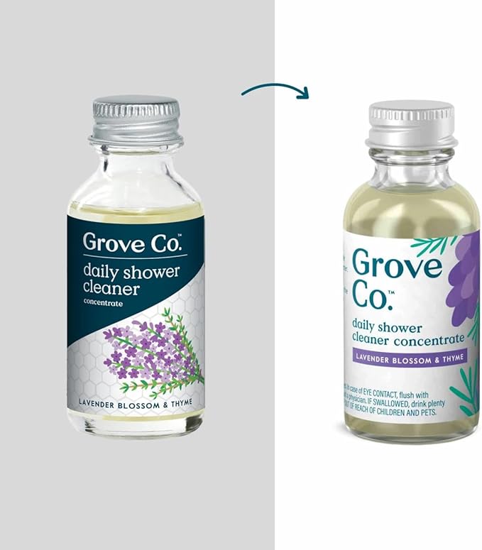 Grove Co. Daily Shower Cleaner Refill Concentrate (2 x 1 Fl Oz) + 1 x Reusable Glass Spray Bottle (16 Oz) Plant-Based Cleaning Supplies Reduced Plastic Lavender Blossom &amp Thyme Fragrance